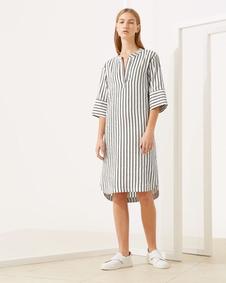 New Design Relaxed Fit Deep V-neckline Stripe Linen Dress for Woman